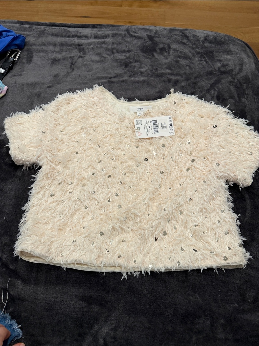 Zara Kids Cream Fuzzy Sequin Short-Sleeve Sweater